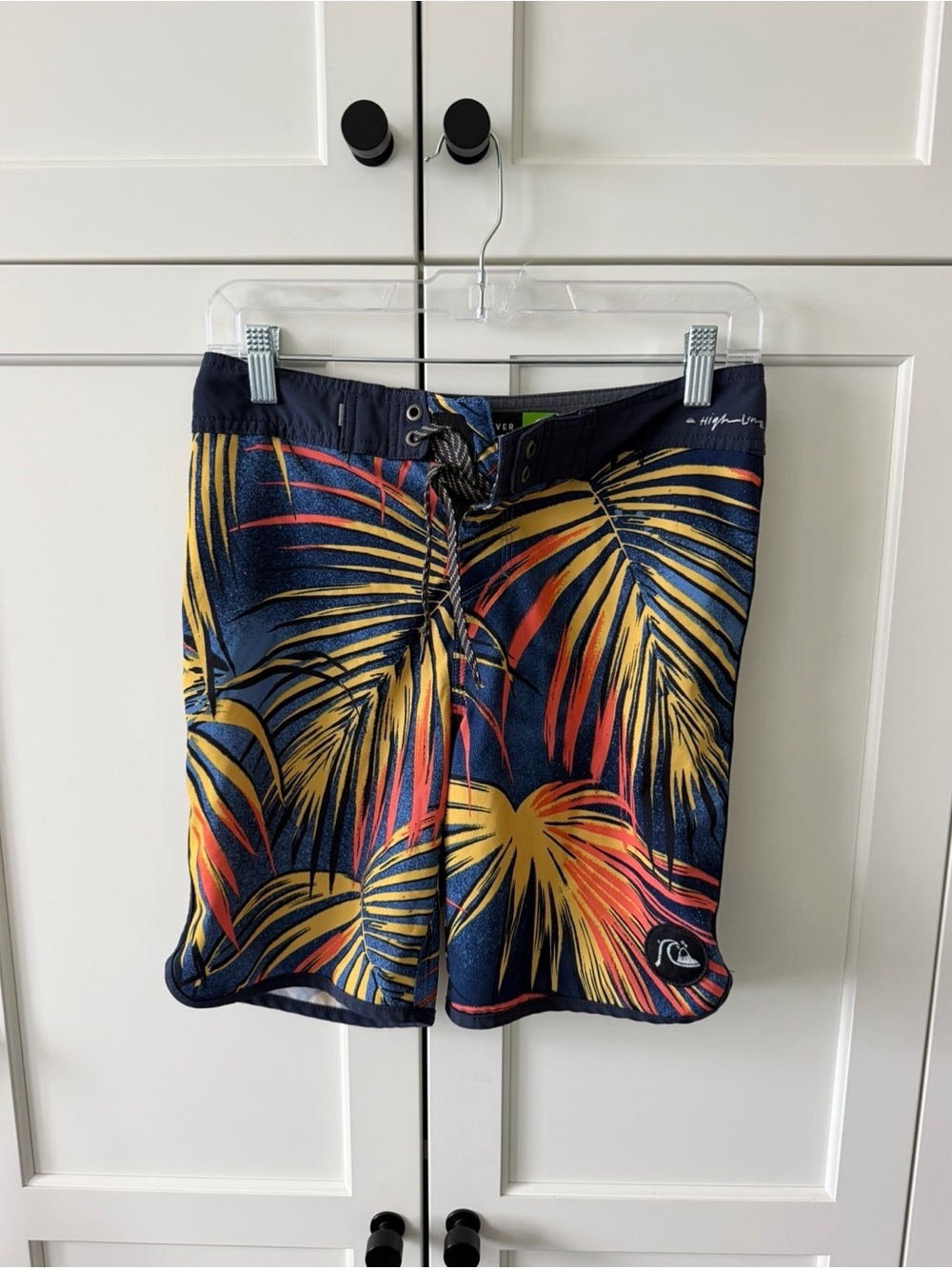 Quiksilver Navy Boardshorts with Yellow and Coral Palm Print